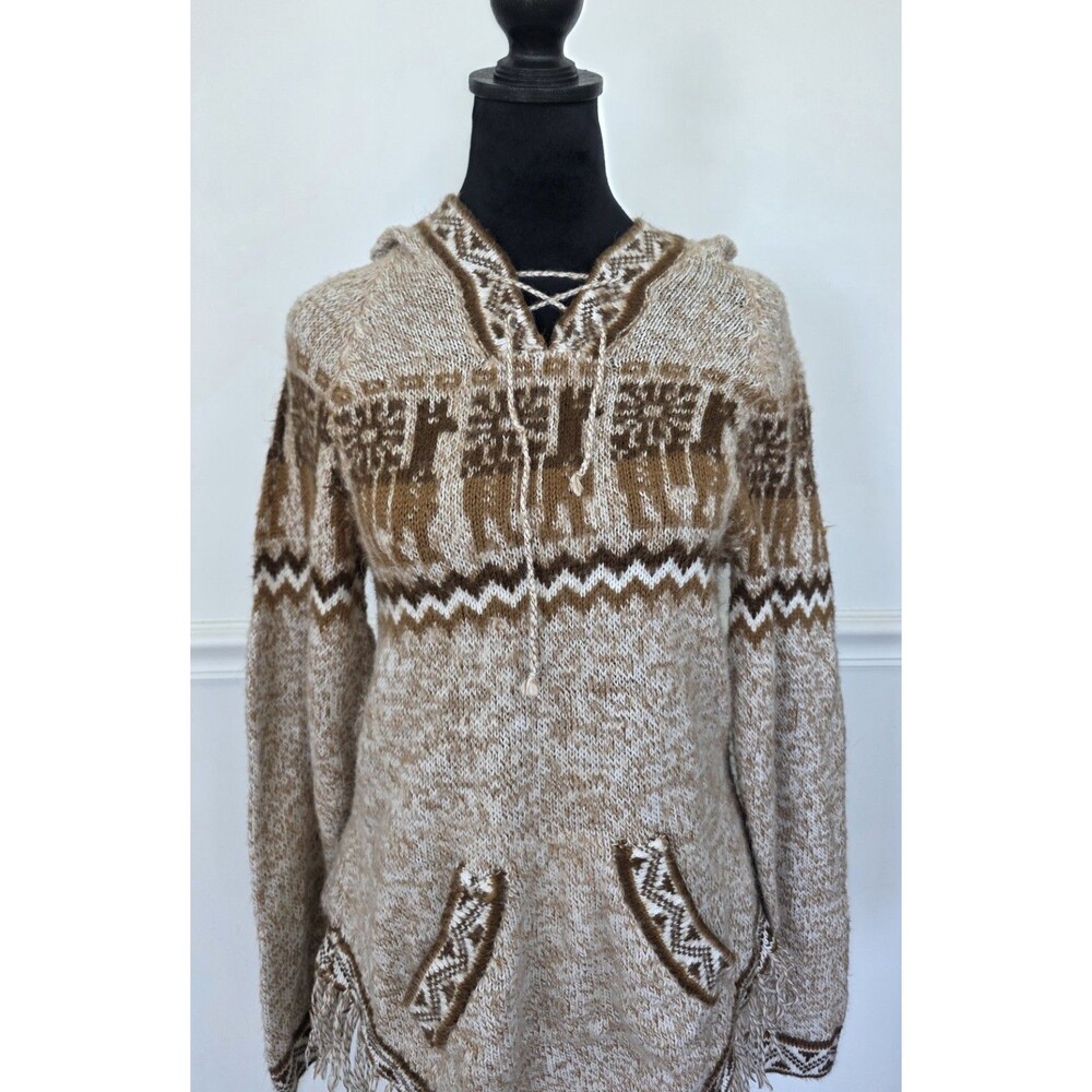 Sisandina 70% Alpaca Hooded Sweater Ecuador Llama Fringe Boho Andean Pullover